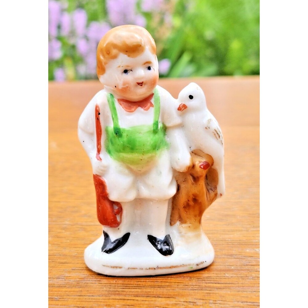 VTG Occupied Japan Porcelain Boy Bird Figurine Hummel Style Child Cottagecore
